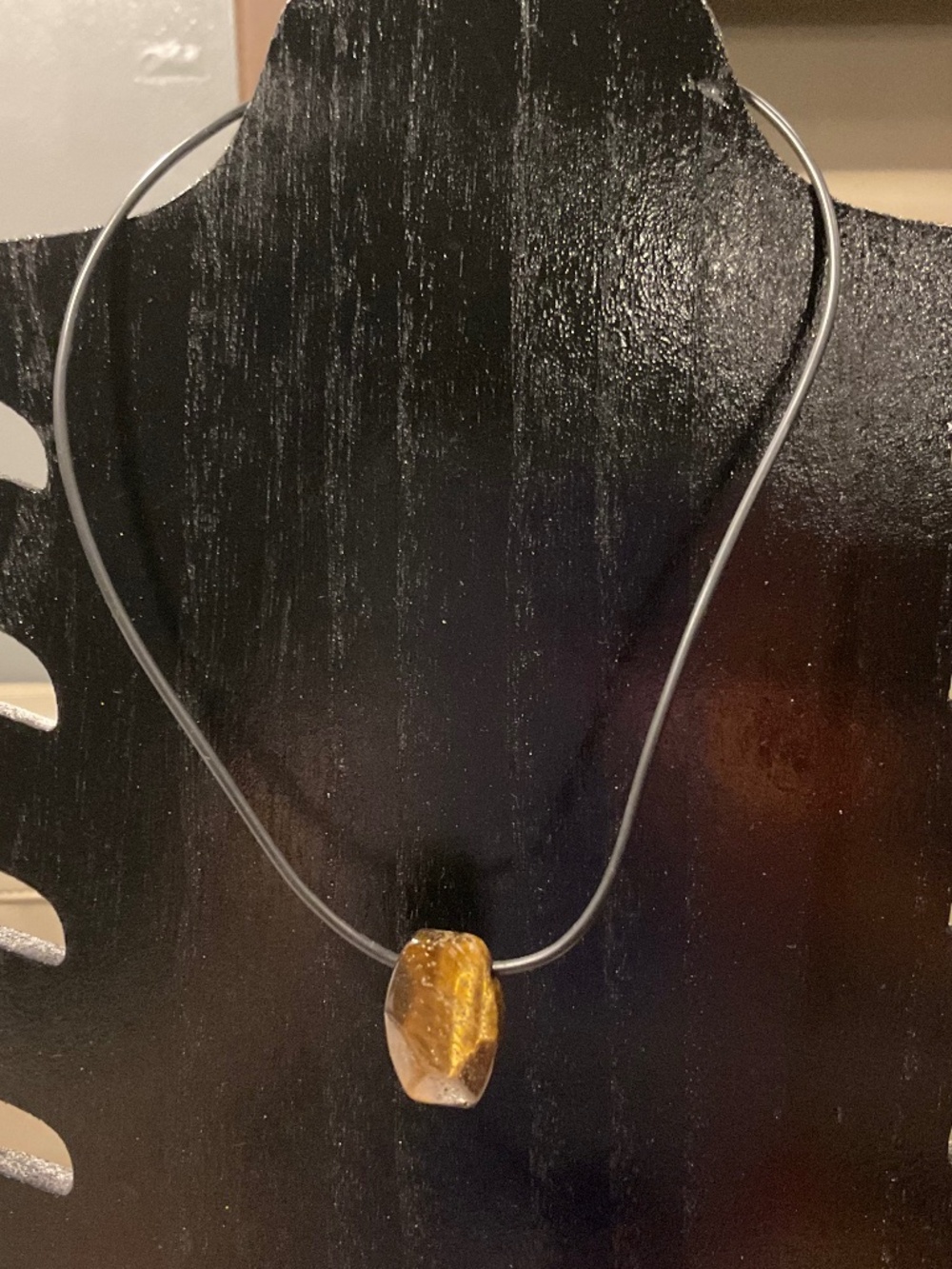 Tiger's Eye Stone Pendant Necklace on Black Coated Wire 16” - Picture 2 of 5